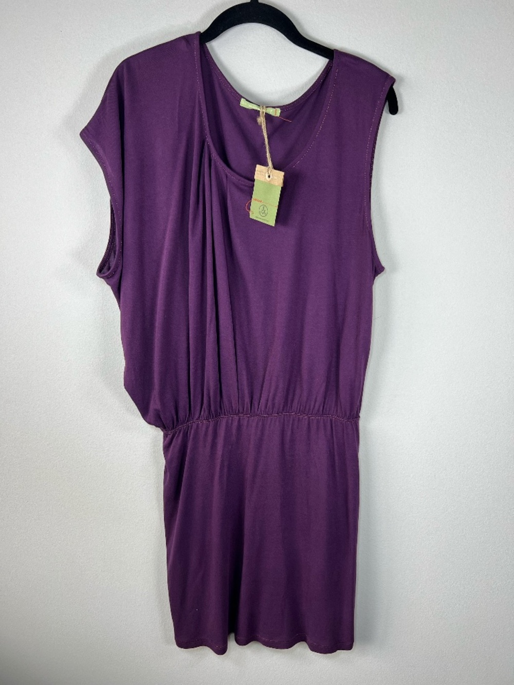 Alternative Earth Bamboo Draped Asymmetrical Jersey Mini Dress Purple NEW Large
